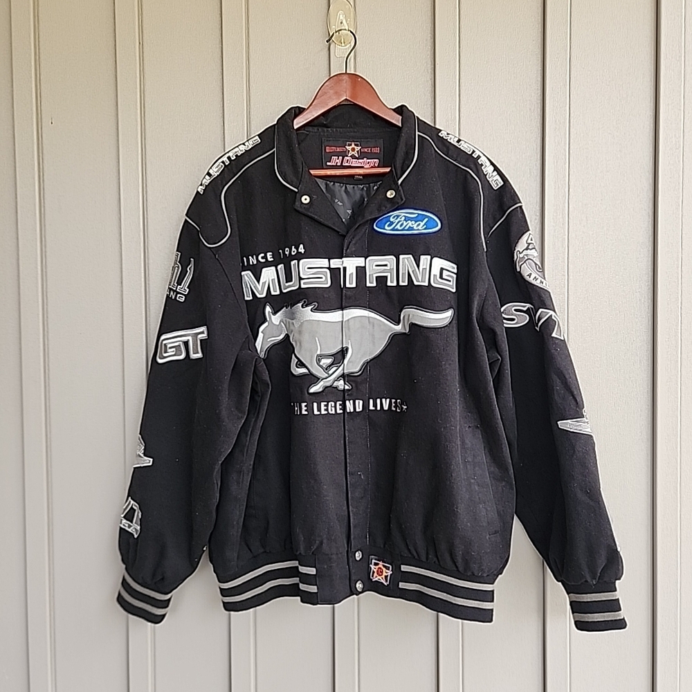 Jeff Hamilton JH Design Ford Mustang Racing Embroidered Patch AOP Jacket Size XL